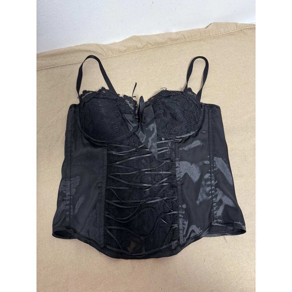 Celo Bustier Corset Top Womens Large Black Lace Satin Underwire Lingerie Lace Up